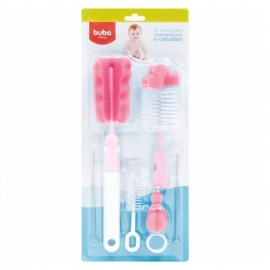 Kit Escovas De Limpeza Para Mamadeira Bico E Canudo Rosa - BUBA